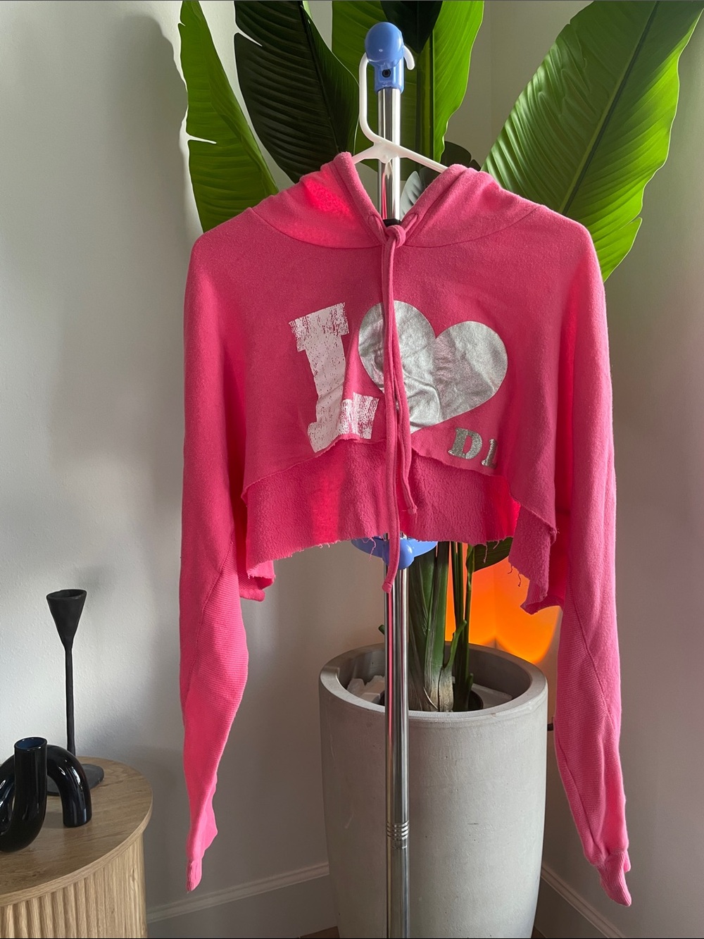 Hot Pink Cropped Hoodie with Metallic Heart - Oversized look super cute!